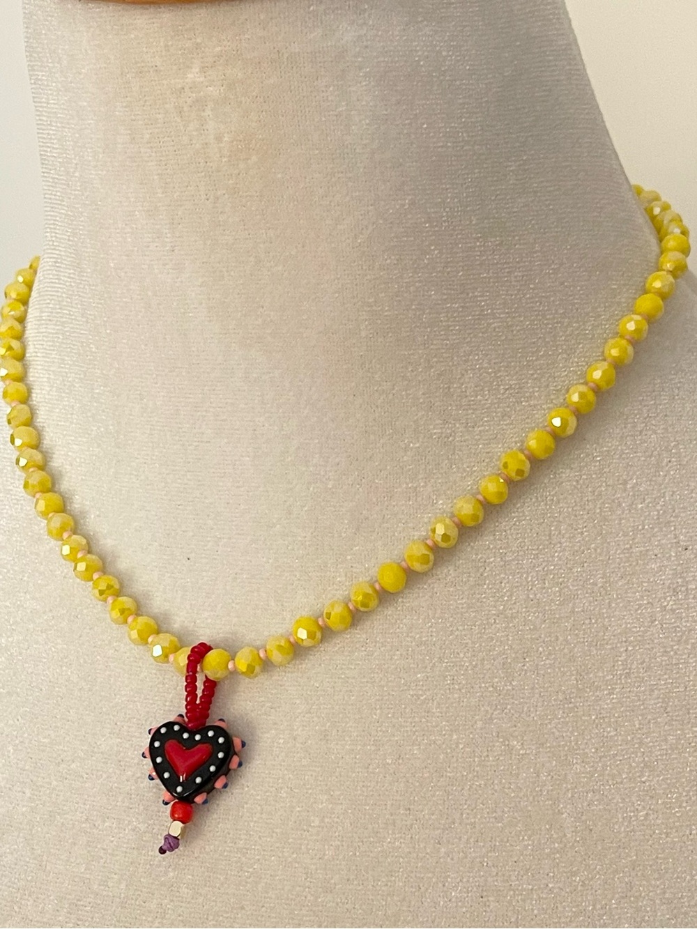 Sparkling Yellow Beaded Necklace with Red Heart Pendant